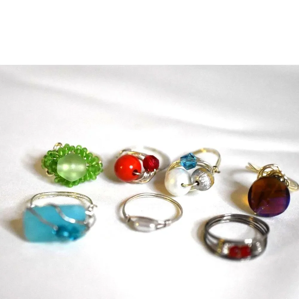 Handcrafted 7 Silver Tone Wire Wrap Multi Color Stones/Crystals Sz 8-11 Rings